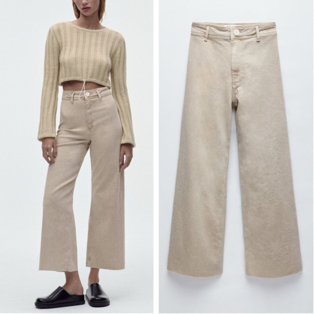 Zara Womens 6 Marine Straight Wide Leg Jeans High Rise Raw Hem Patch Pockets